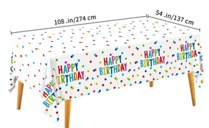 Detailed size chart showing 108 x 54 inch colorful polka dot Happy Birthday tablecloth