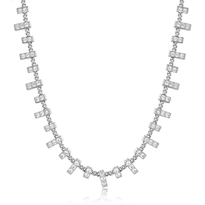 Macro detail of Y-shaped silver necklace with rectangle cubic zirconia pendants