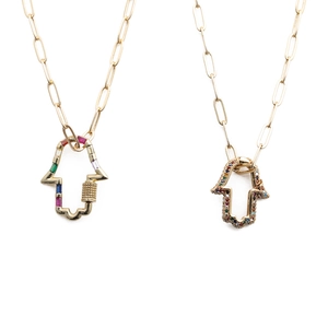 Hamsa Hand Pendant Necklace Gold Plated Copper Colorful Cubic Zirconia Paperclip Chain Hip Hop Fashion Jewelry