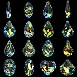 AB-coated clear crystal glass prism pendants in 16 geometric shapes for DIY suncatchers