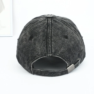 Vintage black washed denim baseball cap with adjustable metal buckle strap back view