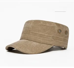 Detail of khaki washed cotton cadet cap showing metal eyelets and vintage fabric texture