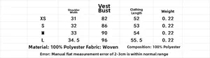 Size chart for women's V-neck embroidery vest showing detailed measurements for XS to L