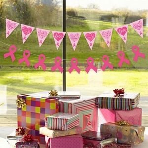 Pink ribbon breast cancer awareness banner with HOPE and LOVE text for party decor