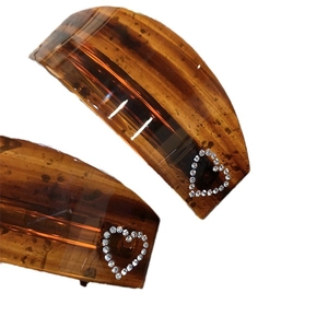 French vintage amber heart hair clip with rhinestone inlay and acetate texture
