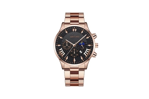 Detail of rose gold multifunctional chronograph watch with black dial and date window
