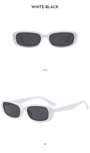 Front and side views of white square sunglasses with black lenses and heart rivets