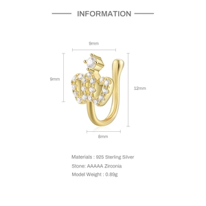 Detail view of 925 sterling silver gold crown nose cuff with zirconia and dimensions