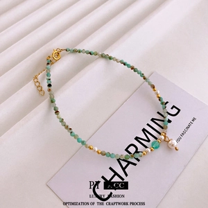 Elegant Amazonite beaded anklet with a white pearl charm and adjustable gold clasp
