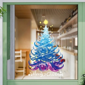 Adesivo per finestra con albero di Natale blu artistico e testo Merry Christmas su vetro