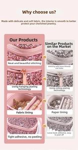 Detail view of pink glitter jewelry box featuring electroplated zippers and soft lining