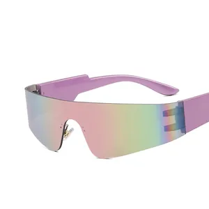 Futuristic rimless wrap-around sports sunglasses with rainbow gradient lens and purple arms