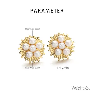 Detail view of 24mm stainless steel sunburst earrings with five pearls in gold finish