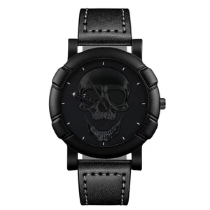 Men's gothic punk black quartz watch with 3D skull dial relief and leather strap