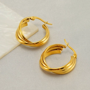 French vintage style 925 silver twist hoop earrings with gold plated finish for women