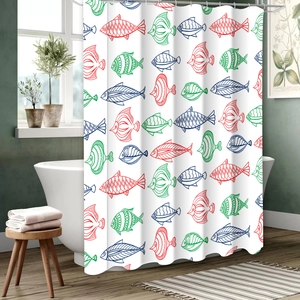 Detail of minimalist shower curtain with colorful fish pattern in modern bathroom scene