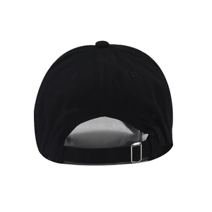 Rear view of black cotton baseball cap featuring adjustable silver metal buckle strap