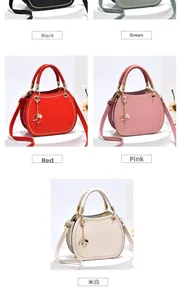 Collage of chic semi-circle handbags in black, green, red, pink, and off-white colors