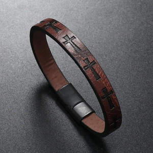Men's multilayer brown braided leather bracelet with embossed cross and magnetic clasp
