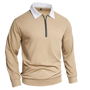 Men's waffle knit long sleeve polo shirt in khaki with contrast white collar and zipper