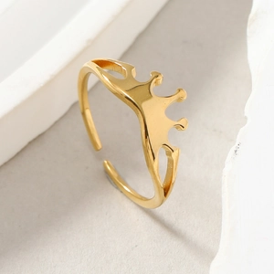 Polished gold crown-shaped adjustable stainless steel open ring for women