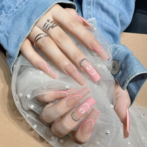 Press On Nails Long Coffin Matte Pink French Tip Rhinestone Smiley Face Artificial Nails For Women Trendy Style