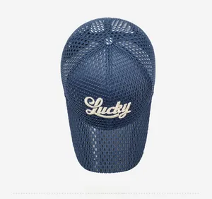 Top view of navy blue mesh baseball cap with white Lucky embroidery and red heart