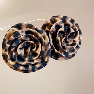 Exaggerated leopard print fabric flower earrings with silver needles for women