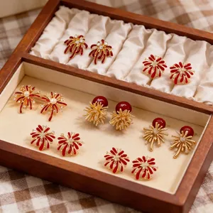 Firework Flower Stud Earrings Copper With 925 Sterling Silver Earring Post Zircon Artificial Pearl Red Enamel Vintage New Year Jewelry