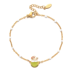 Detail view of gold stainless steel bracelet with green coconut pendant and white beads