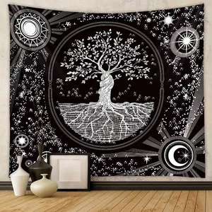 Gothic Wall Tapestry Black And White Skull Tree Of Life Zodiac Sun Moon Polyester Fabric Hanging Bohemian Home Decor