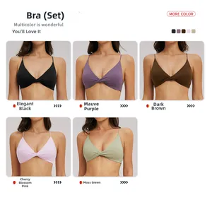 Detail view of brushed yoga sets in black, purple, brown, pink, and green colors