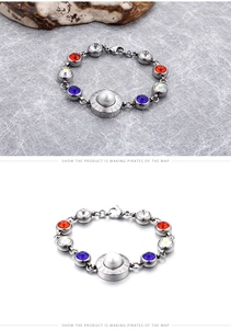 Detail of crystal bracelet featuring multi-colored gemstones and a large white pearl