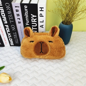 Cute brown plush Capybara pencil case with soft faux fur and embroidered features