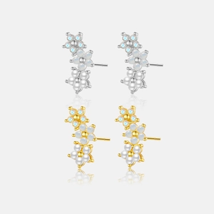 Flower Cluster Stud Earrings With 925 Sterling Silver Earring Post Faux Artificial Pearl Rhinestone Opal Elegant Jewelry For Women