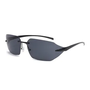 Fashionable rimless irregular grey sunglasses with sleek black temples and UV protection