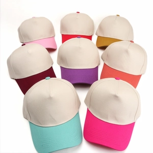 Set of two-tone 5-panel baseball caps in various colors with a flat blank crown