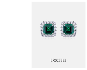 Close-up of S925 silver emerald stud earrings with halo square cut green gemstone
