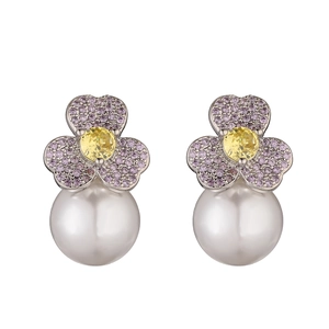 Exquisite pearl flower earrings with purple cubic zirconia and yellow center stone