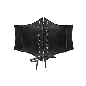 Close-up of black PU leather corset belt with front lace-up detail and elastic band