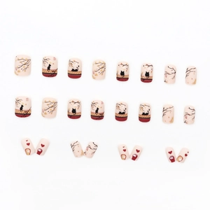 Square matte press-on nails with oriental moonlit cat design and floral patterns
