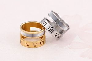 Detail of gold and silver stainless steel rings featuring shell inlay and Roman numerals