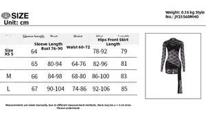 Size chart for lace long sleeve bodycon dress with measurements in cm for XS to L sizes