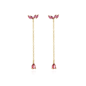Detail of pink marquise and teardrop-cut crystals on gold-plated tassel earrings