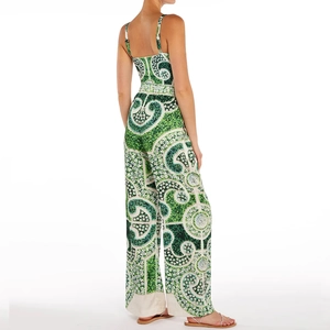 Combinaison dos nu imprimé floral ethnique vert et blanc avec pantalon large