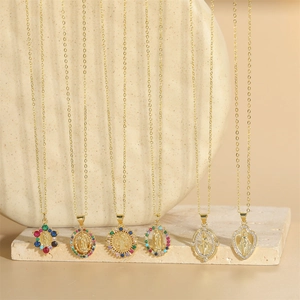 Vintage Copper Gold Plated Virgin Mary Pendant Necklace Colorful Zirconia Inlaid Religious Clavicle Chain For Women Jewelry