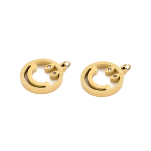 Golden round smiley face pendant with white crystals on a minimalist chain for women