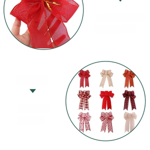 Detailed close-up of 9 styles of red Christmas burlap bows with snowflake and reindeer patterns