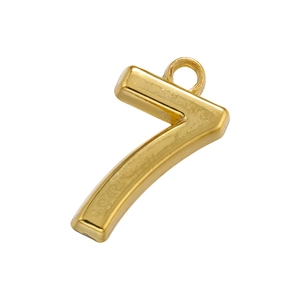 Detailed macro view of gold-plated number 7 pendant with high-gloss polished metal finish