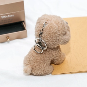 Cute brown teddy dog plush keychain for backpack with a durable silver metal clip